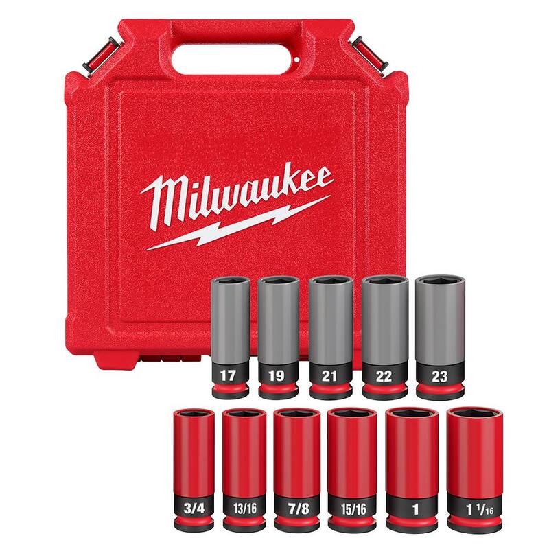 Juego de puntas de impacto Milwaukee SHOCKWAVE de 1/2 pulgadas para tuercas de rueda SAE y métricas de impacto de alta resistencia y profundas (11 piezas) - 49-66-7833.