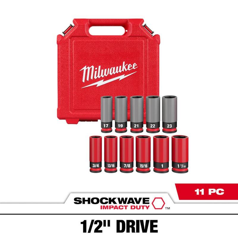Juego de puntas de impacto Milwaukee SHOCKWAVE de 1/2 pulgadas para tuercas de rueda SAE y métricas de impacto de alta resistencia y profundas (11 piezas) - 49-66-7833.