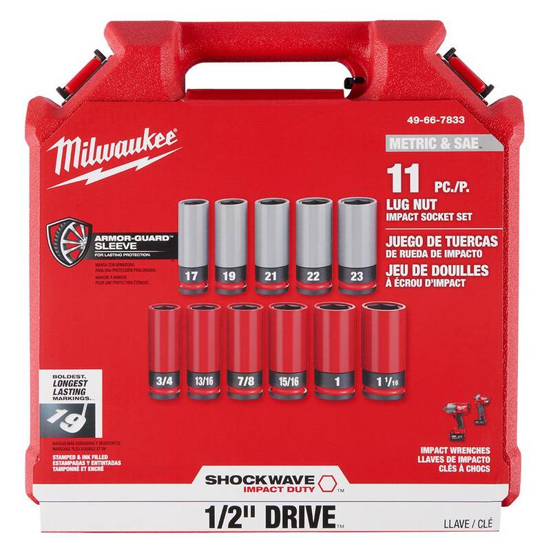 Juego de puntas de impacto Milwaukee SHOCKWAVE de 1/2 pulgadas para tuercas de rueda SAE y métricas de impacto de alta resistencia y profundas (11 piezas) - 49-66-7833.