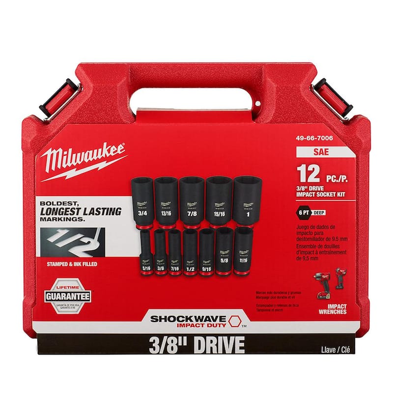 Juego de 12 piezas de dados de impacto de 6 puntos de 3/8 pulgadas de Milwaukee SHOCKWAVE de pared profunda para unidad de 3/8 pulgadas - 49-66-7006