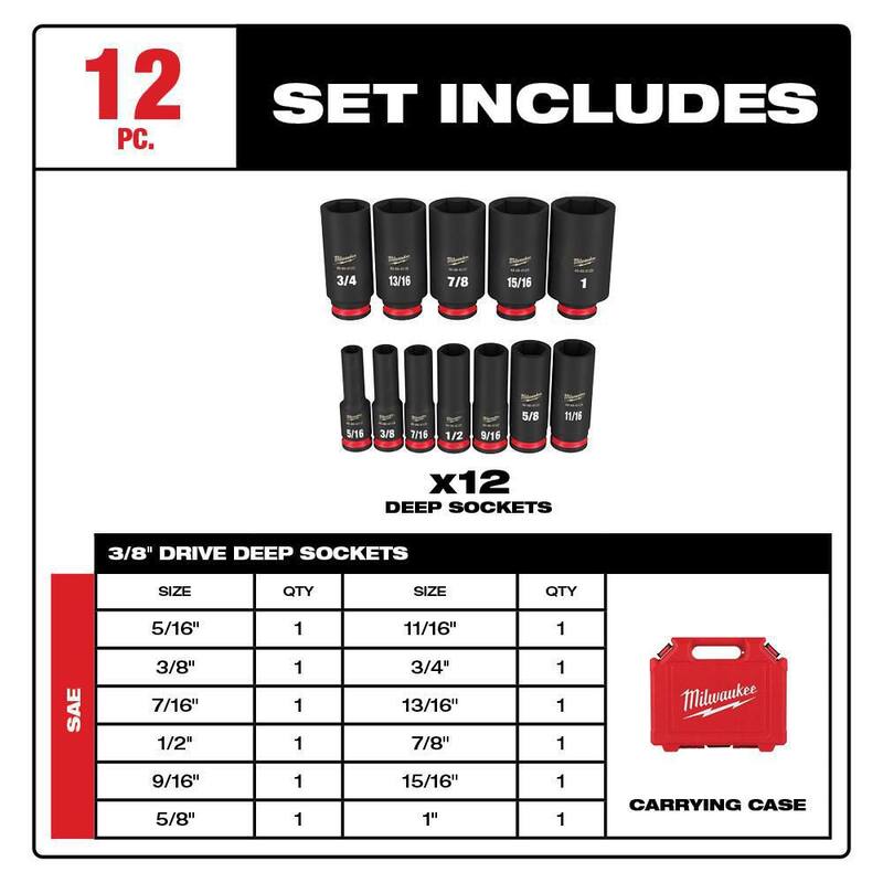 Juego de 12 piezas de dados de impacto de 6 puntos de 3/8 pulgadas de Milwaukee SHOCKWAVE de pared profunda para unidad de 3/8 pulgadas - 49-66-7006