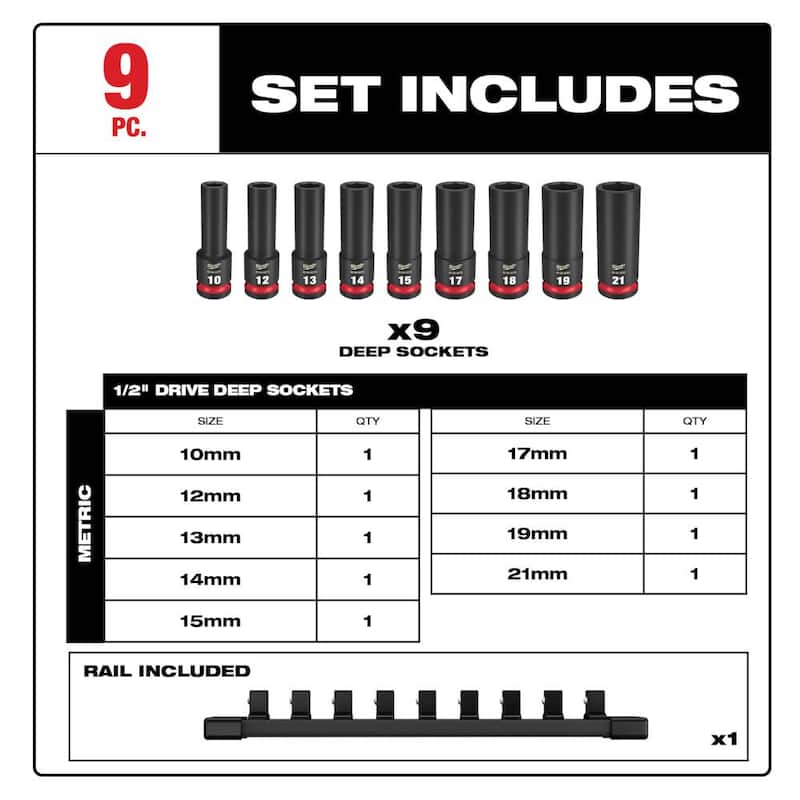 Juego de 9 piezas de casquillos de impacto profundo de 6 puntos y 1/2 pulgadas de accionamiento métrico Milwaukee SHOCKWAVE - 49-66-7032