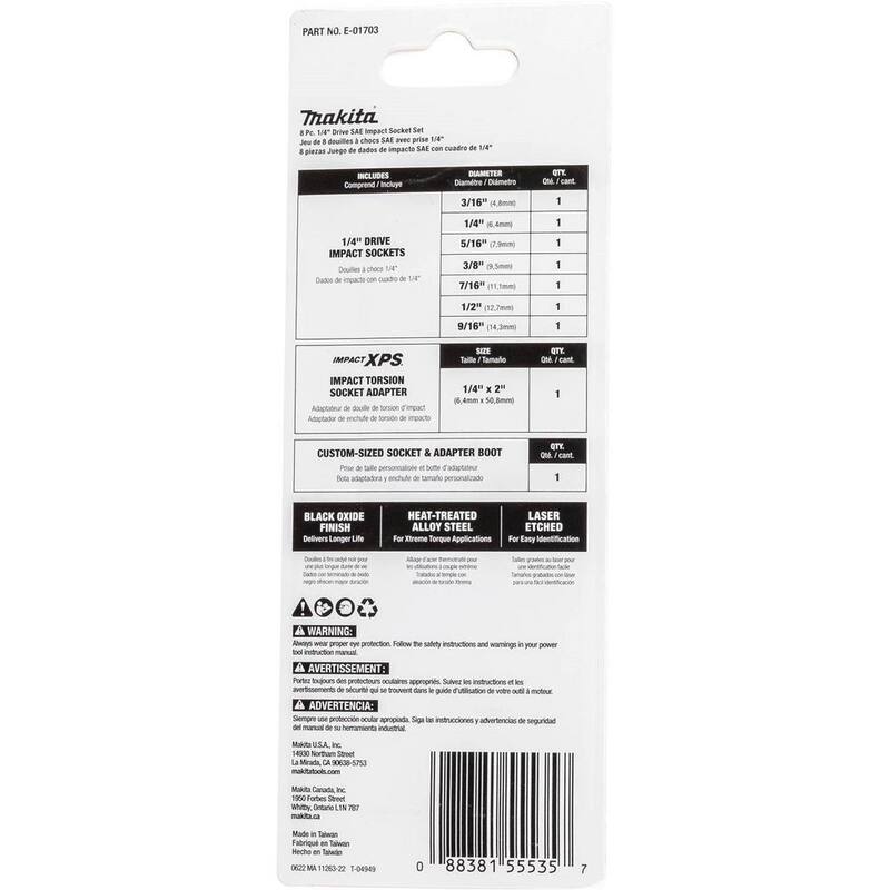 Juego de 8 piezas de llaves de vaso de impacto SAE de 6 puntos con adaptador de llave estándar de 1/4 pulgadas Makita ImpactXPS - E-01703
