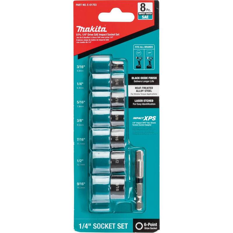 Juego de 8 piezas de llaves de vaso de impacto SAE de 6 puntos con adaptador de llave estándar de 1/4 pulgadas Makita ImpactXPS - E-01703