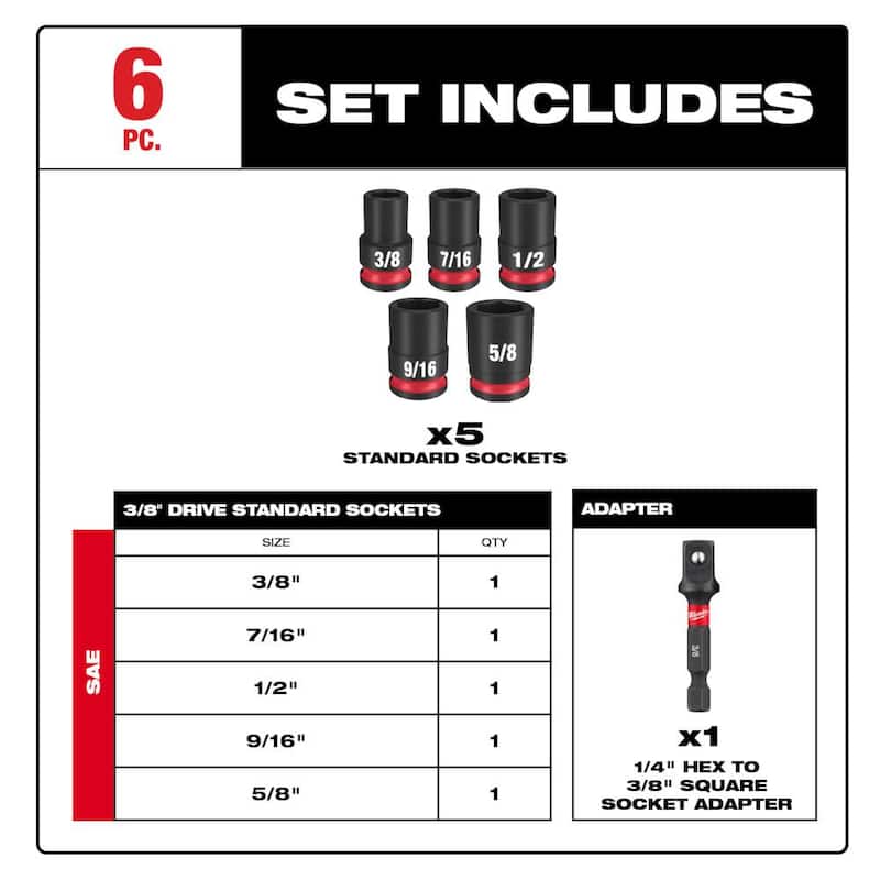 Set de 6 puntas de impacto Milwaukee SHOCKWAVE de 3/8 pulgadas, estándar SAE de 6 puntos - 49-66-7035