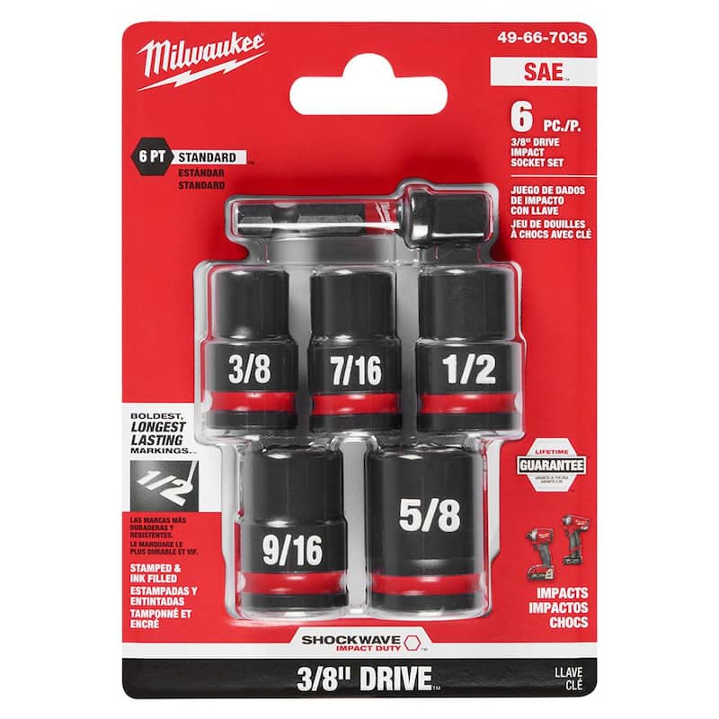 Set de 6 puntas de impacto Milwaukee SHOCKWAVE de 3/8 pulgadas, estándar SAE de 6 puntos - 49-66-7035