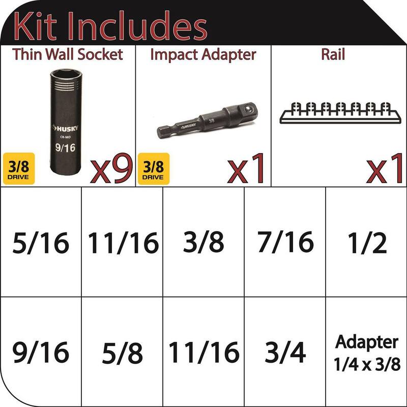 Juego de 10 piezas de llaves de impacto de punto profundo SAE de 6 puntos de pared delgada de 3/8 pulgadas para husky - H3DHYBSAE10PC