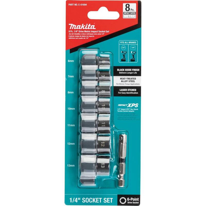 Juego de vasos de impacto métricos de 1/4 de pulgada y 6 puntos ImpactXPS de Makita con adaptador de vaso estándar (8 piezas) - E-01694