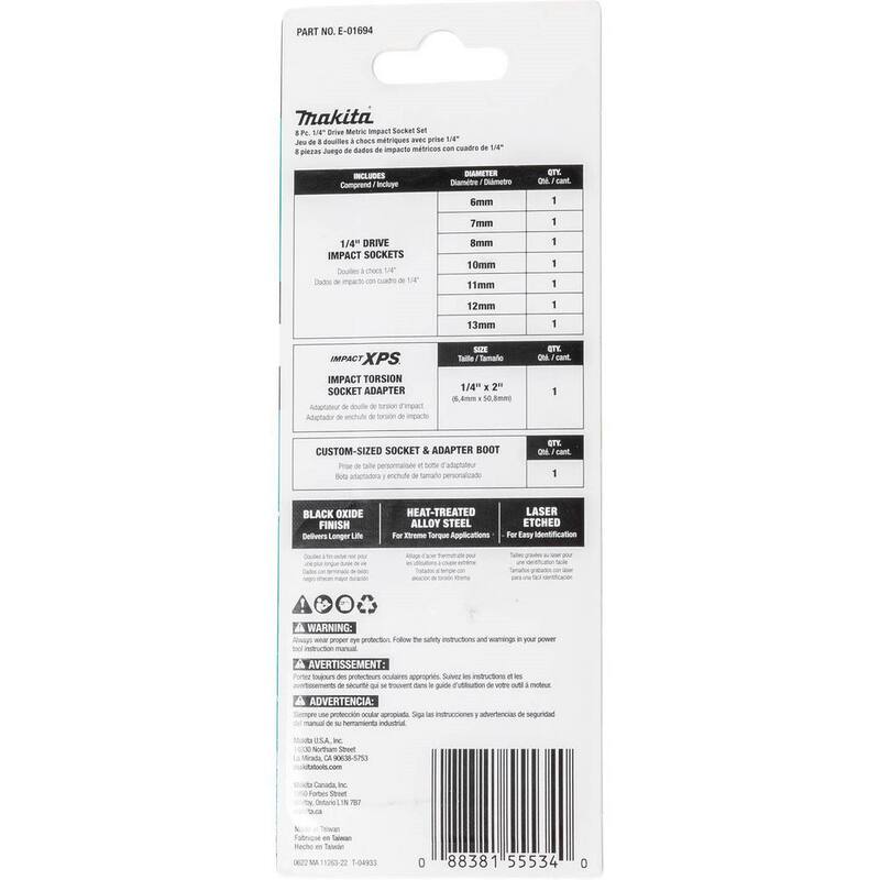 Juego de vasos de impacto métricos de 1/4 de pulgada y 6 puntos ImpactXPS de Makita con adaptador de vaso estándar (8 piezas) - E-01694