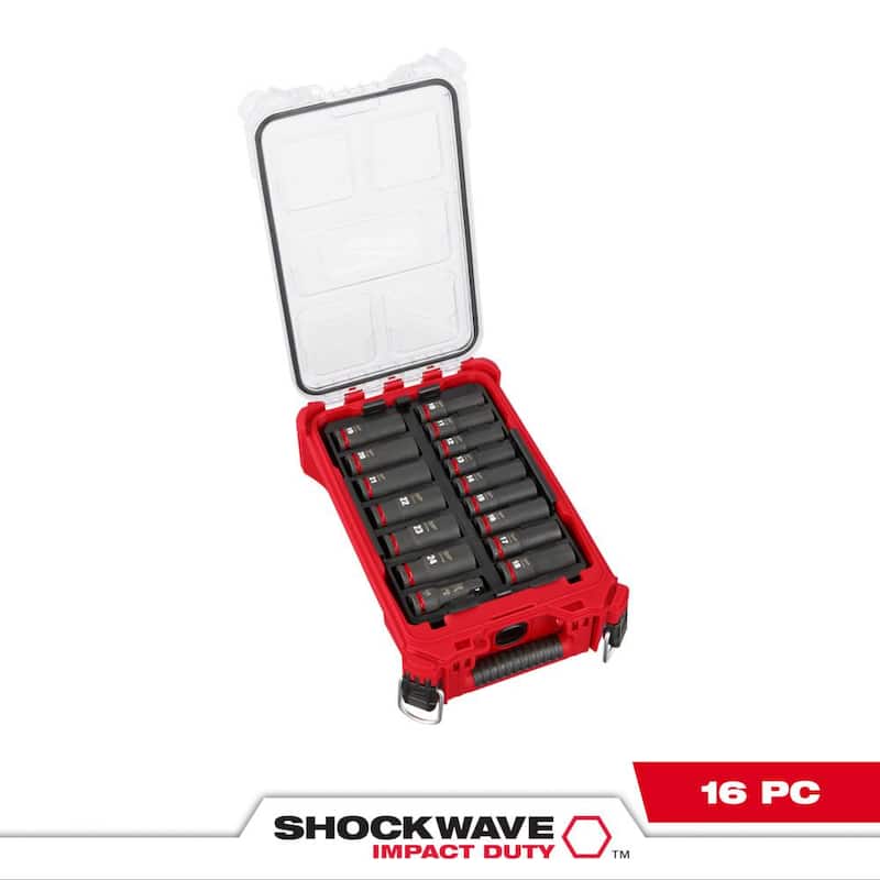 Juego de 16 piezas de dados profundos métricos de 1/2" Milwaukee SHOCKWAVE Impact Duty PACKOUT (49-66-6803)