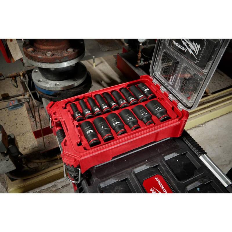 Juego de 15 piezas de juegos de llaves de vaso de impacto profundo Drive SAE de Milwaukee SHOCKWAVE Impact-Duty de 1/2 pulgadas PACKOUT - 49-66-6802