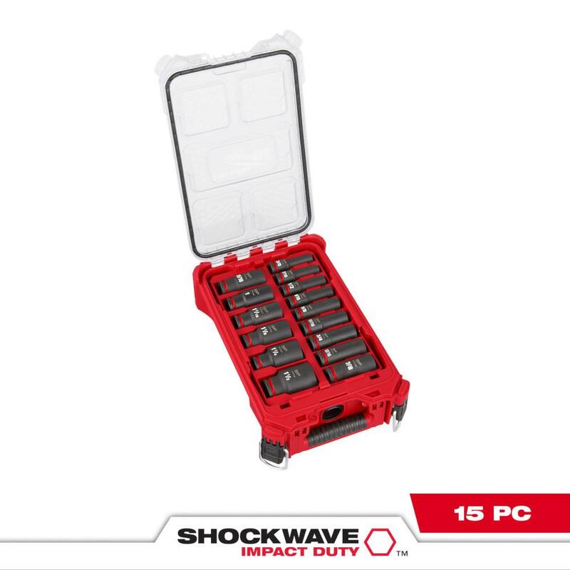Juego de 15 piezas de juegos de llaves de vaso de impacto profundo Drive SAE de Milwaukee SHOCKWAVE Impact-Duty de 1/2 pulgadas PACKOUT - 49-66-6802