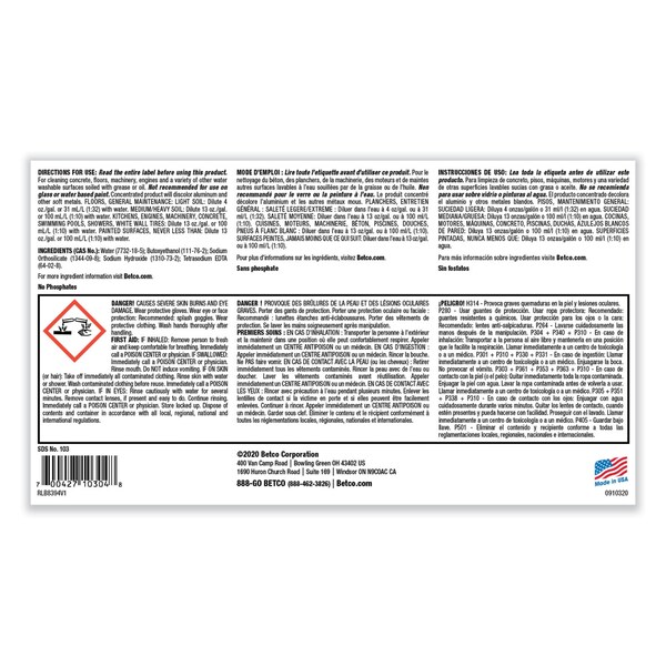 Betco Limpiadores y Detergentes, botella de 1 galón, líquido, paquete de 4 - 1030400