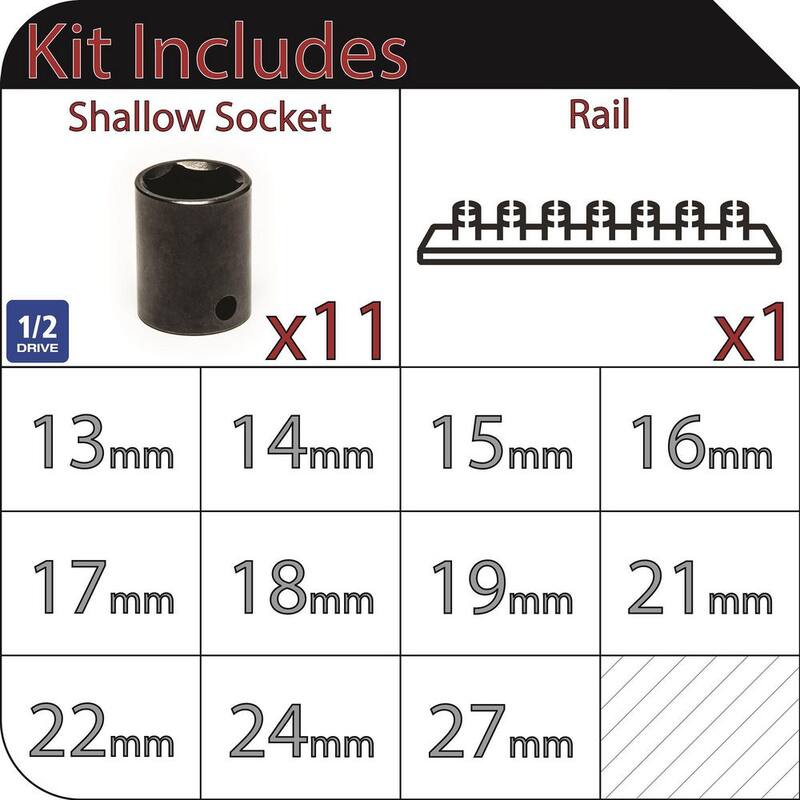 Juego de 11 sockets de impacto estándar métricos de 6 puntos con 1/2 pulg. de tamaño - H2DIMSM11PC