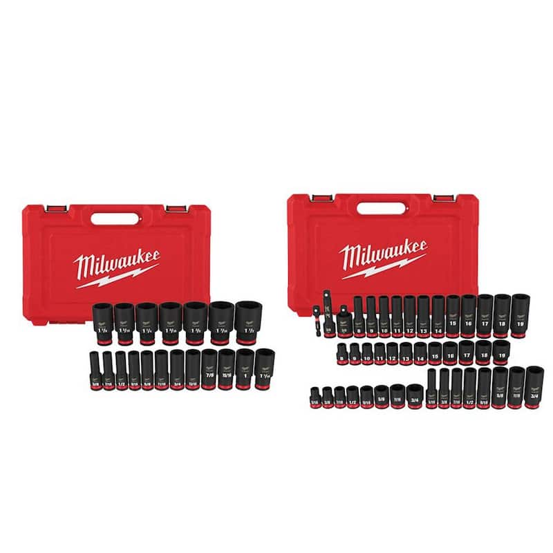 Juego de puntas de impacto de 6 puntos SAE de 1/2 pulg. Milwaukee SHOCKWAVE (conjunto de 19 piezas) con conjunto de puntas de impacto de 3/8 pulg. SAE/Métricas (conjunto de 43 piezas) - 49-66-7012-49-66-7009.