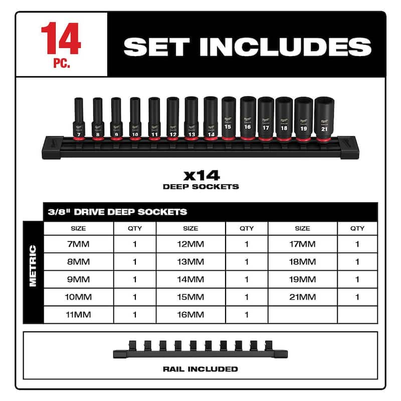 Juego de 14 piezas de vasos de impacto de 6 puntos de 3/8 pulgadas con cabeza profunda métrica de Milwaukee SHOCKWAVE - 49-66-7008.