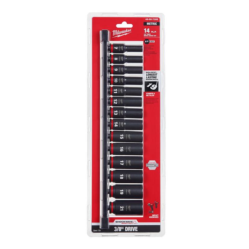 Juego de 14 piezas de vasos de impacto de 6 puntos de 3/8 pulgadas con cabeza profunda métrica de Milwaukee SHOCKWAVE - 49-66-7008.