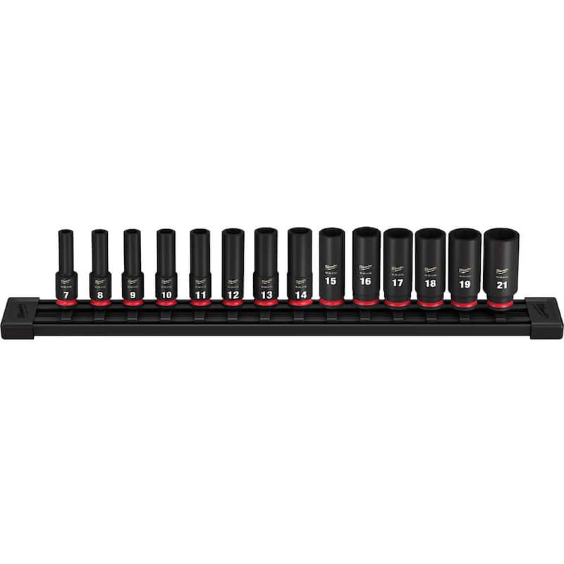 Juego de 14 piezas de vasos de impacto de 6 puntos de 3/8 pulgadas con cabeza profunda métrica de Milwaukee SHOCKWAVE - 49-66-7008.