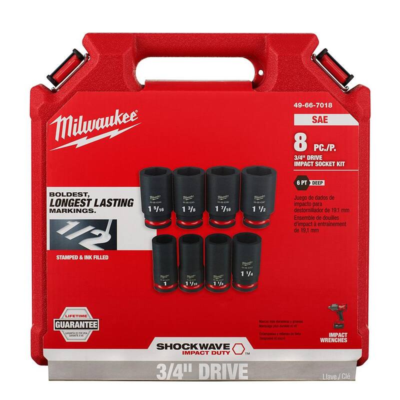 Juego de 8 piezas de enchufes de impacto profundos de 6 puntos Milwaukee SHOCKWAVE de 3/4 de pulgada (Sistema de medición de la Asociación de Estandarización Americana) - 49-66-7018
