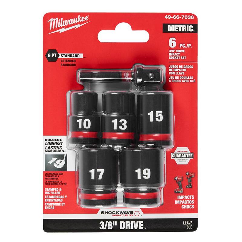 Juego de dados de impacto estándar métrico de 6 puntos de 3/8 pulgadas de Milwaukee SHOCKWAVE (conjunto de 6 piezas) - 49-66-7036
