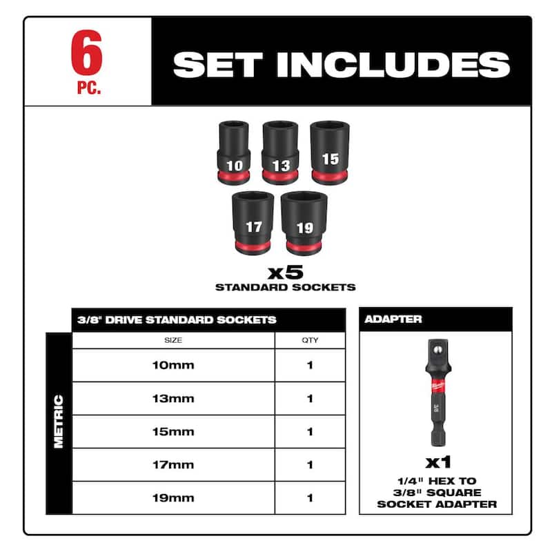 Juego de dados de impacto estándar métrico de 6 puntos de 3/8 pulgadas de Milwaukee SHOCKWAVE (conjunto de 6 piezas) - 49-66-7036