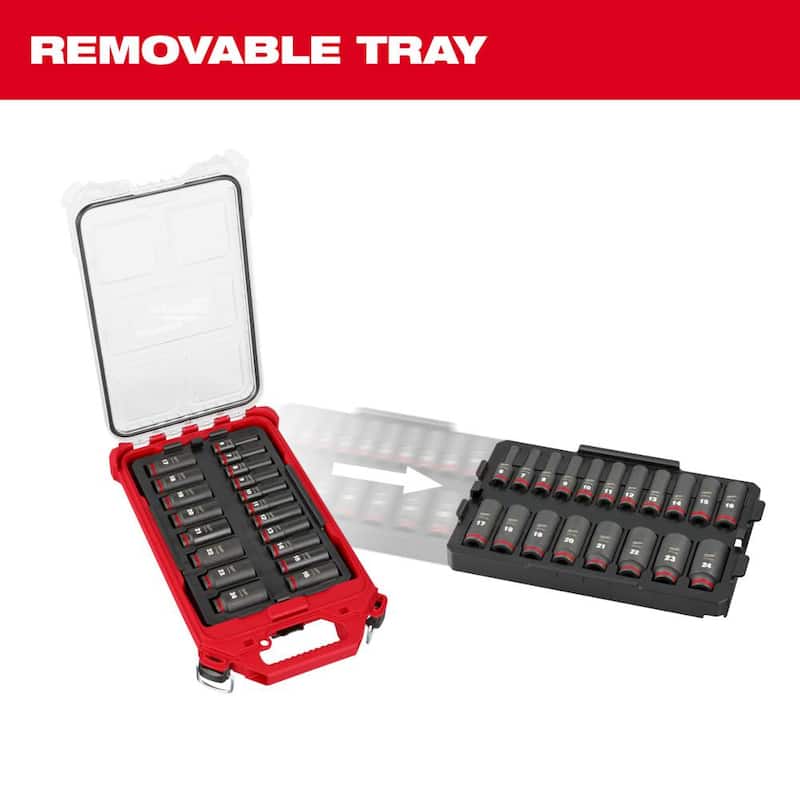 Juego de 19 piezas de dados Milwaukee SHOCKWAVE Impact-Duty 3/8 pulgadas, métricos de alta resistencia en estuche PACKOUT de impacto profundo - 49-66-6801