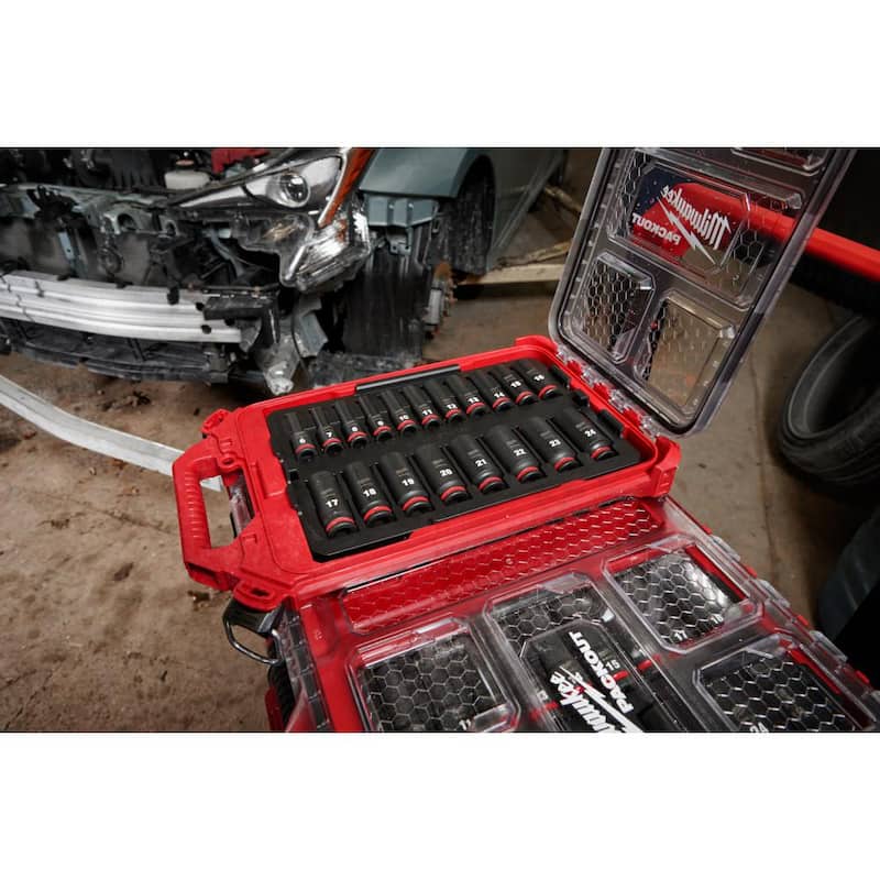 Juego de 19 piezas de dados Milwaukee SHOCKWAVE Impact-Duty 3/8 pulgadas, métricos de alta resistencia en estuche PACKOUT de impacto profundo - 49-66-6801