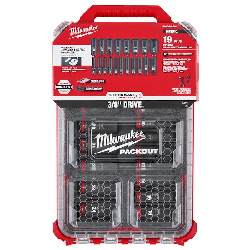 Juego de 19 piezas de dados Milwaukee SHOCKWAVE Impact-Duty 3/8 pulgadas, métricos de alta resistencia en estuche PACKOUT de impacto profundo - 49-66-6801