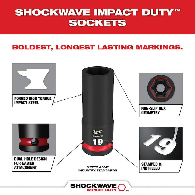 Juego de 19 piezas de dados Milwaukee SHOCKWAVE Impact-Duty 3/8 pulgadas, métricos de alta resistencia en estuche PACKOUT de impacto profundo - 49-66-6801