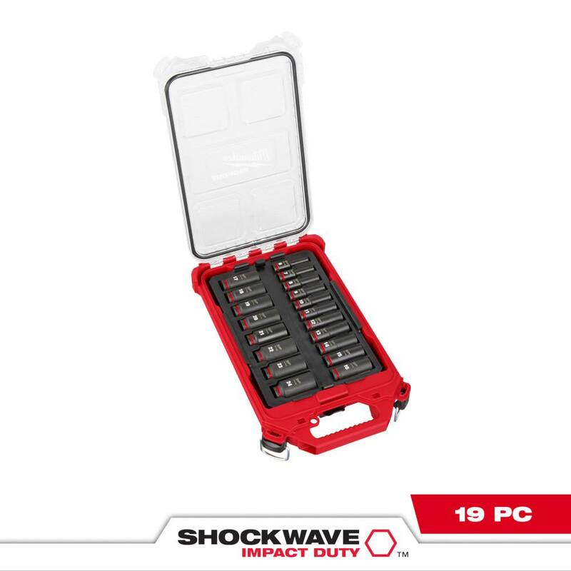 Juego de 19 piezas de dados Milwaukee SHOCKWAVE Impact-Duty 3/8 pulgadas, métricos de alta resistencia en estuche PACKOUT de impacto profundo - 49-66-6801