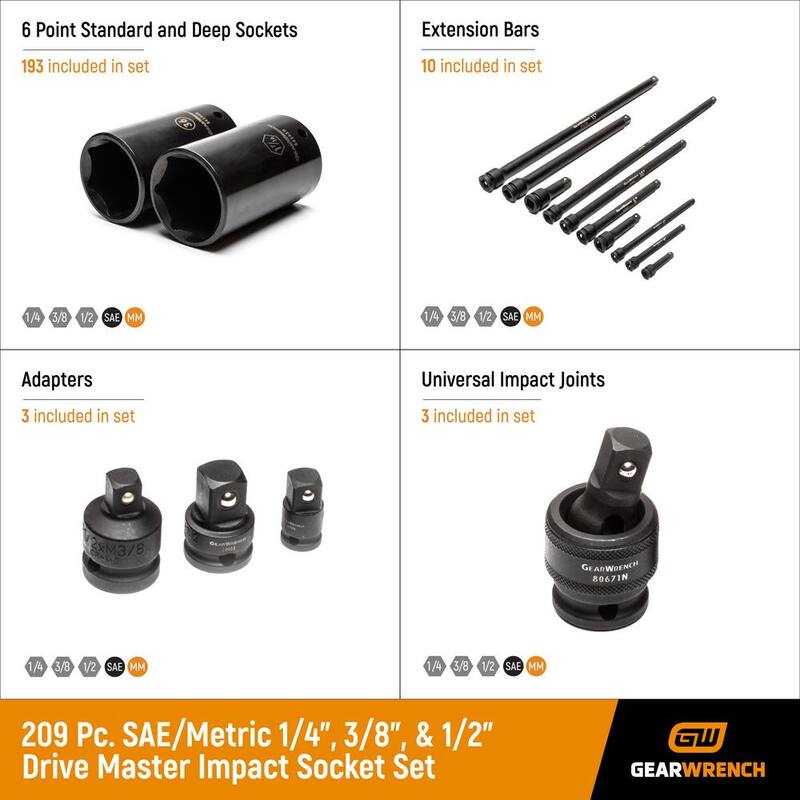 Set de Llaves de Impacto Maestras Estándar y Profundas SAE/Métricas de 6 Puntas GEARWRENCH de 1/4 pulg. x 3/8 pulg. y 1/2 pulg. Drive (209 Piezas) - 89072