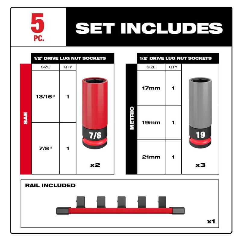 Juego de 5 piezas de puntas de impacto de nuez para ruedas de 1/2 pulgada SAE y métricas de Milwaukee SHOCKWAVE - 49-66-7831