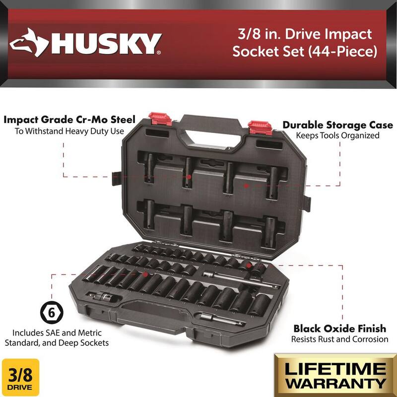 Juego de 44 piezas de dados de impacto de 6 puntos SAE/Métrico de 3/8 pulgadas para la unidad Husky - H3D44PCIMPSAS
