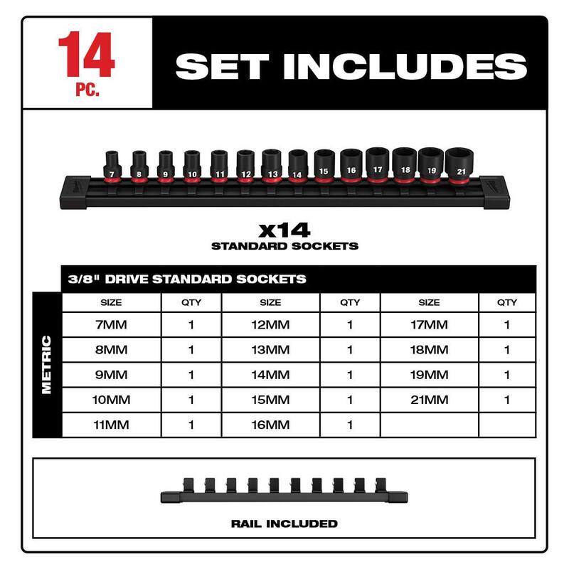 Juego de vasos de impacto Milwaukee SHOCKWAVE de 3/8 pulgadas con unidad métrica de 6 puntos (14 piezas) - 49-66-7007