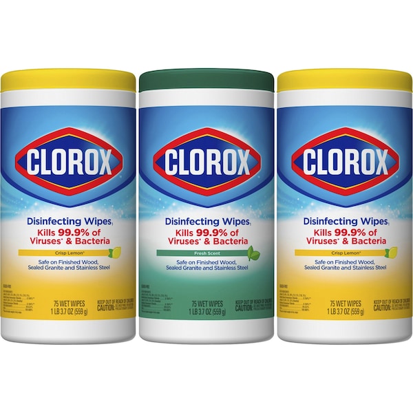 Paquete de valor de toallitas de limpieza desinfectantes sin cloro Clorox, cilindro, fresco; limón fresco, blanco, 75 PK - CLO30208CT