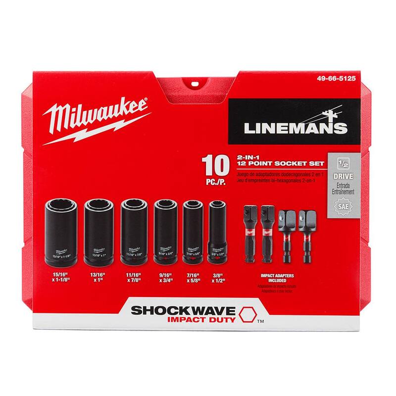Juego de llaves de vaso de 12 puntos y 2 en 1 de 1/2 pulg. del conductor Milwaukee SHOCKWAVE Impact Duty Lineman (10 piezas) - 49-66-5125.
