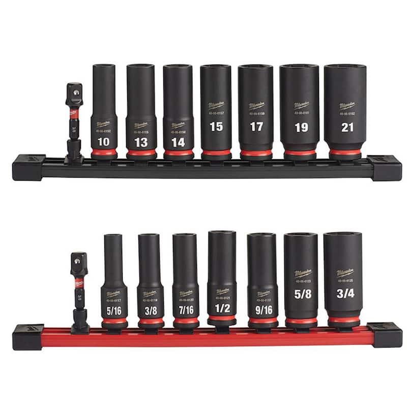 Juego de dados de impacto profundo de calibre métrico y SAE de Milwaukee SHOCKWAVE Impact Duty de 3/8 pulgadas (16 piezas) - 49-66-7021-49-66-7024