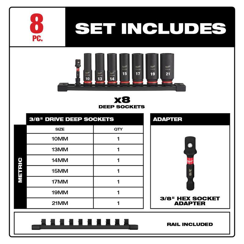 Juego de dados de impacto profundo de calibre métrico y SAE de Milwaukee SHOCKWAVE Impact Duty de 3/8 pulgadas (16 piezas) - 49-66-7021-49-66-7024