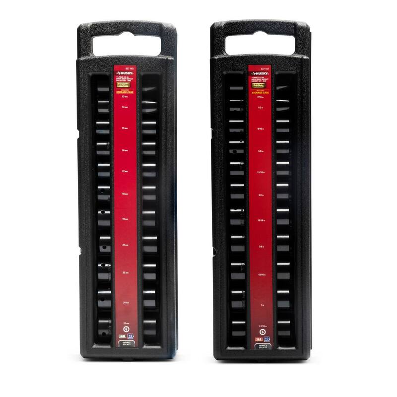 Juego de dados de impacto de 6 puntos SAE/Métrico de 1/2 pulgadas Husky con dos estuches de almacenamiento (22 piezas) - H2DDIMP22PCSMCB