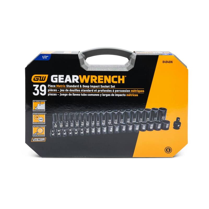 Set de dados de impacto métricos estándar y profundos de 1/2 pulgadas de 6 puntos GEARWRENCH (39 piezas) - 84948N