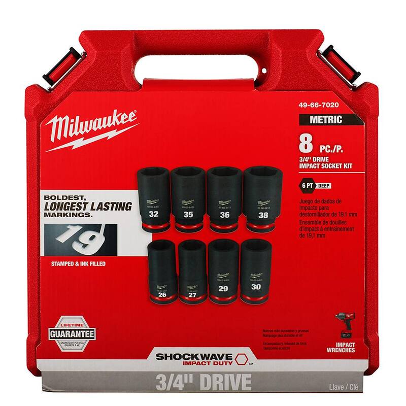 Juego de 8 piezas de dados de impacto de 6 puntos de 3/4 pulgadas de profundidad métricos Milwaukee SHOCKWAVE - 49-66-7020