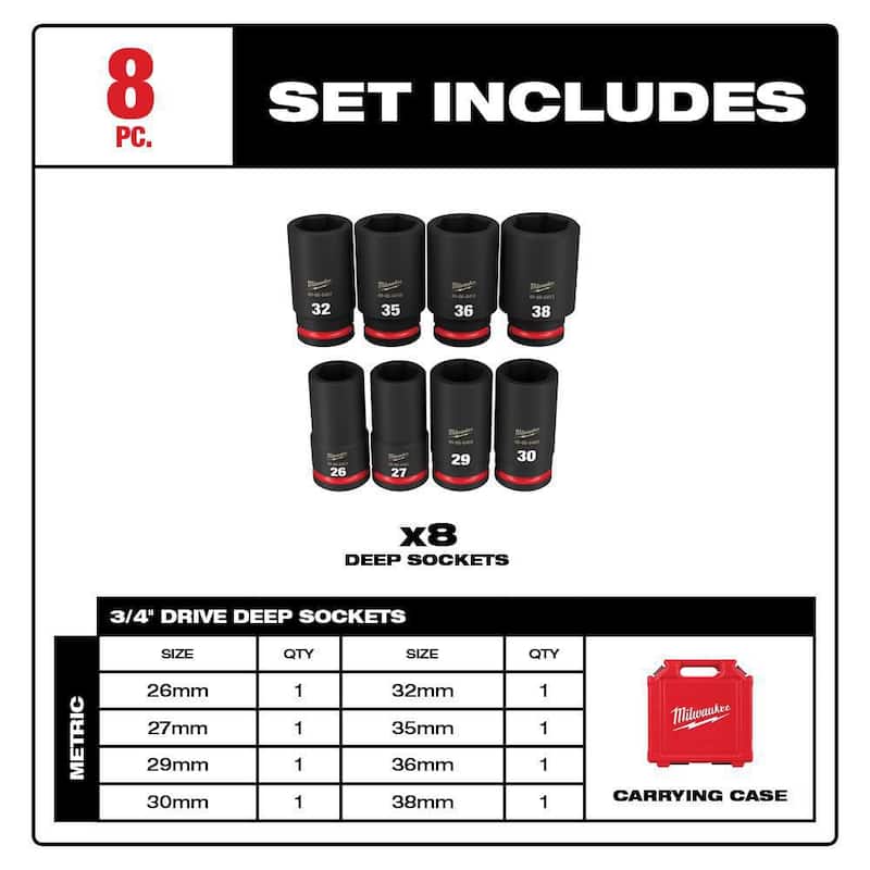 Juego de 8 piezas de dados de impacto de 6 puntos de 3/4 pulgadas de profundidad métricos Milwaukee SHOCKWAVE - 49-66-7020