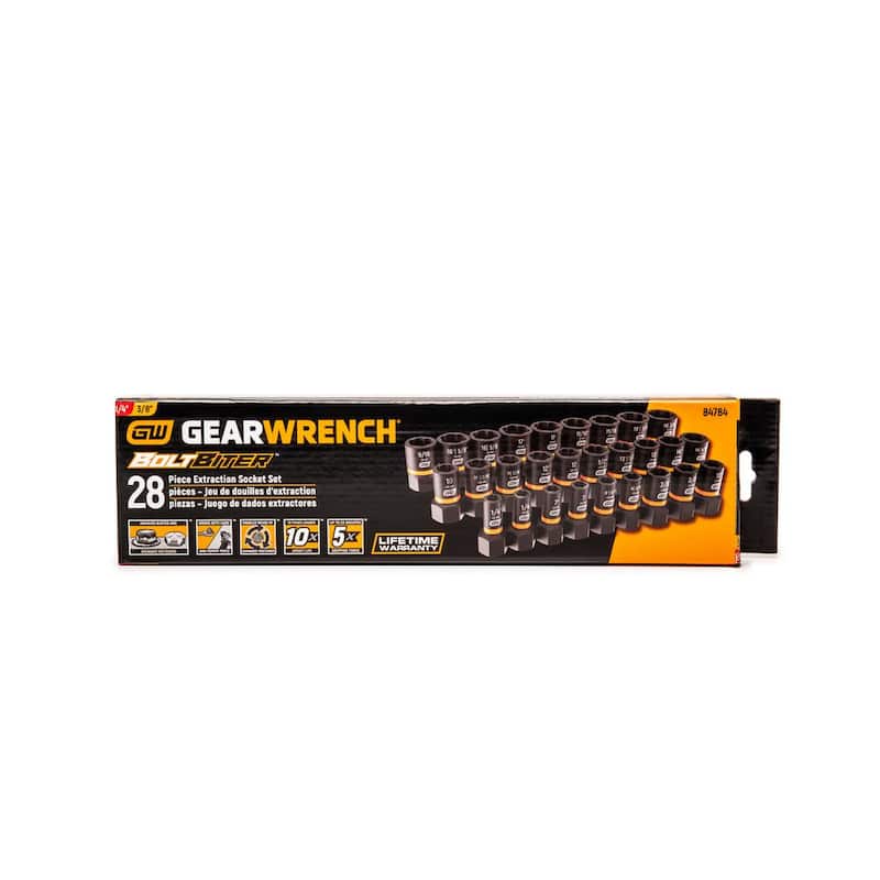 Set de casquillos de extracción de impacto GEARWRENCH Bolt Biter de 1/4 y 3/8 pulgadas SAE/Métrico (28 piezas) - 84784