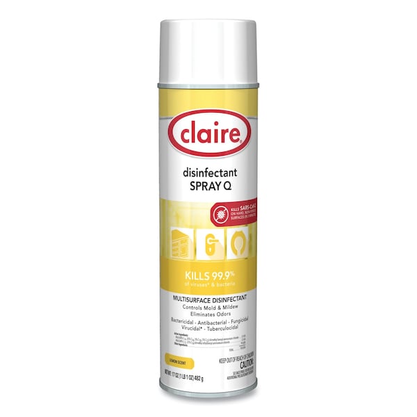 Claire Spray Q Desinfectante, Aroma a Limón, Aerosol de 17 oz, Paquete de 12 - CL1002