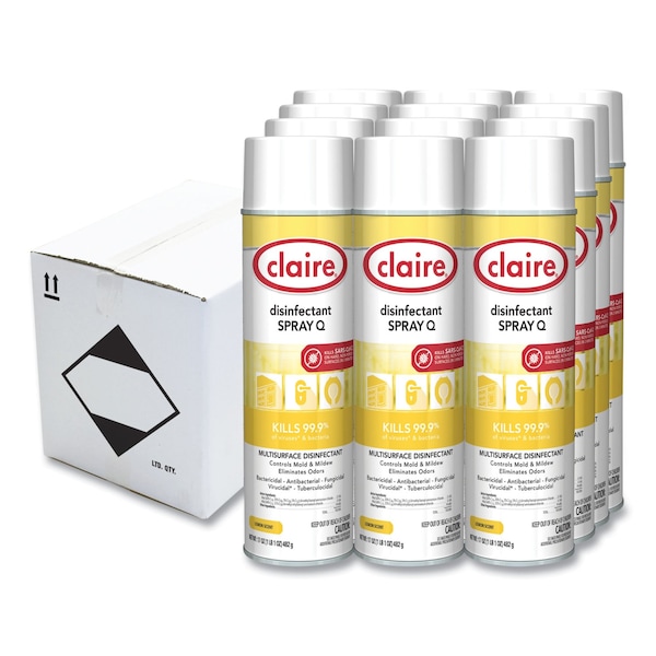 Claire Spray Q Desinfectante, Aroma a Limón, Aerosol de 17 oz, Paquete de 12 - CL1002