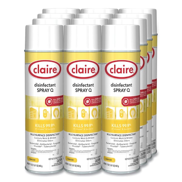 Claire Spray Q Desinfectante, Aroma a Limón, Aerosol de 17 oz, Paquete de 12 - CL1002