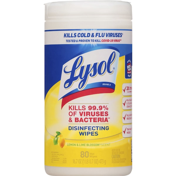 Toallitas desinfectantes Lysol, 7.25" W x 7" L, aroma a limón y flor de lima, 80 unidades - RAC77182