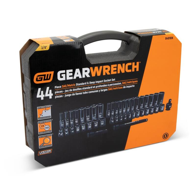 Juego de llaves de impacto estándar y profundo de 3/8 pulgadas de 6 puntos SAE/métrico GEARWRENCH (44 piezas) - 84916N