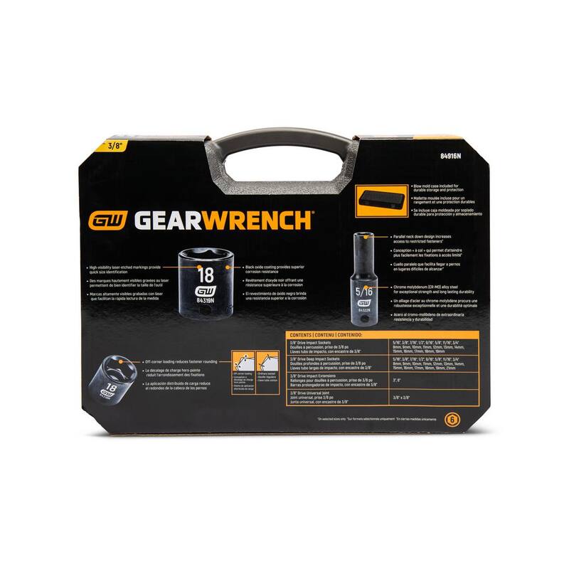 Juego de llaves de impacto estándar y profundo de 3/8 pulgadas de 6 puntos SAE/métrico GEARWRENCH (44 piezas) - 84916N