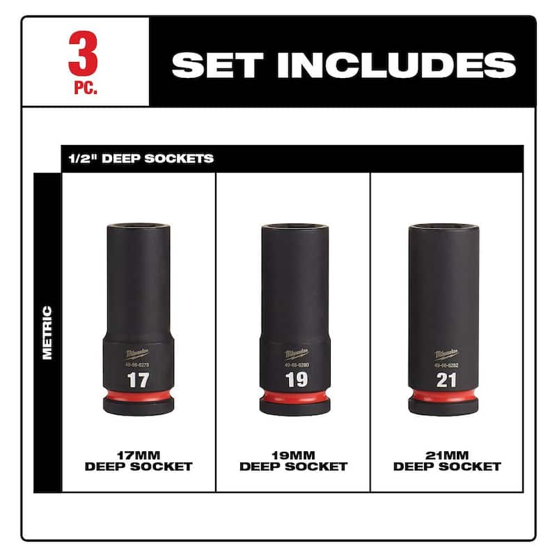 Juego de 3 piezas de impacto profundo de 1/2 pulg. Milwaukee SHOCKWAVE Impact Duty para unidad métrica - 49-66-7025